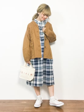 「シャツワンピ」｜「アイテム（ノーカラージャケット）」を使った、piya*さん（レディース・154cm）の春コーディネート