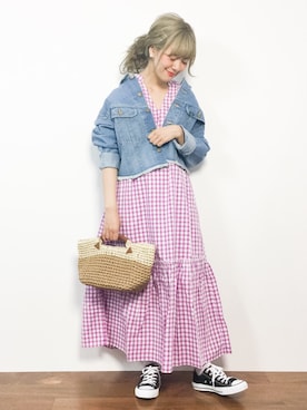 「チェックワンピース」｜「アイテム（デニムジャケット）」を使った、piya*さん（レディース・154cm）の春コーディネート