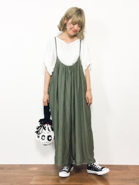 「白ブラウス」｜「アイテム（オールインワン・サロペット）」を使った、piya*さん（レディース・154cm）の夏コーディネート