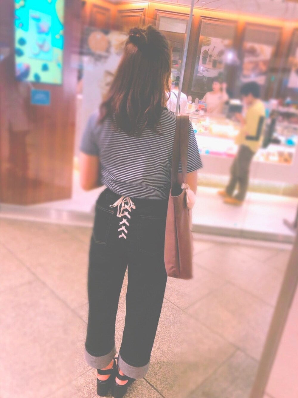「シンプル、ナイスクラップ、ナイスクラップコーデ、カジュアルガーリー、おしゃれさんと繋がりたい、ボーダーTシャツ」｜「one after another NICE CLAUPのシンプルボーダーTシャツ（Tシャツ/カットソー、ブラック系）」を使った、ぽにょ‪︎❤︎‪︎さん（レディース・156cm）の夏コーディネートの1枚目の写真
