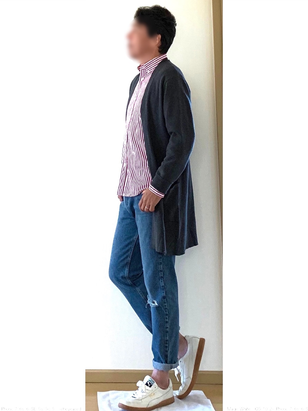 「キレイめ、カジュアル、オトナカジュアル、ロングカーディガン、ストライプシャツ、リーバイス502、50代カジュアル、秋のコーデ」｜「NANO universeのミラノリブ着流しカーディガン（カーディガン/ボレロ、グレー系）」を使った、ひでじぃさん（メンズ・181cm）の秋コーディネートの1枚目の写真