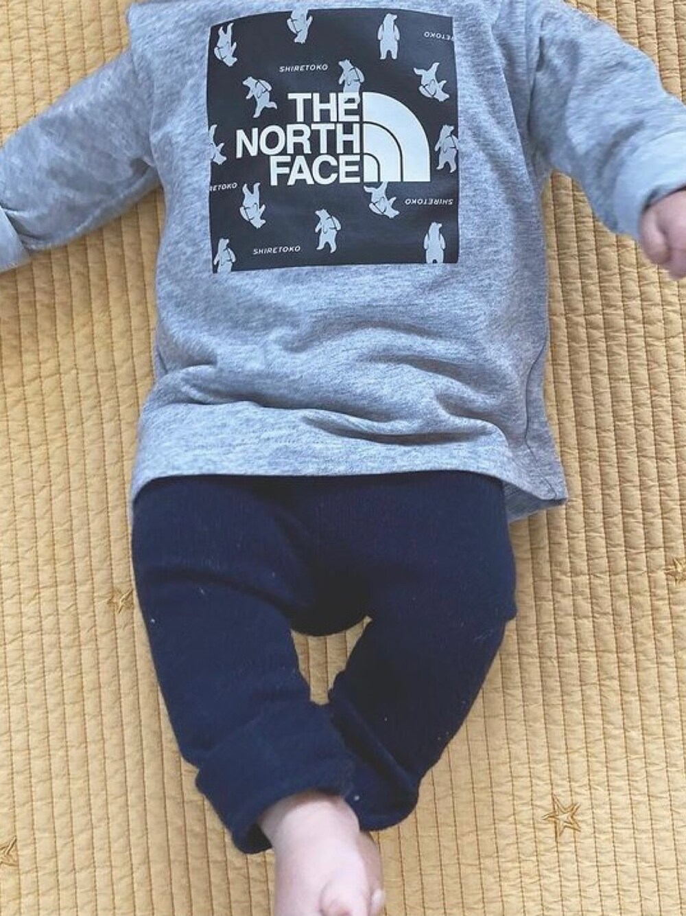 「キッズファッション、おとこのこ、男の子コーデ、THE NORTH FACE、UNIQLO、グレー、ベビーコーデ」｜「THE NORTH FACEのTHE NORTH FACE ノースフェイス L/S Shiretoko Toko Tee NTJ82027ST（Tシャツ/カットソー、グレー系）」を使った、ぽこさん（キッズ・60cm）の冬コーディネートの1枚目の写真