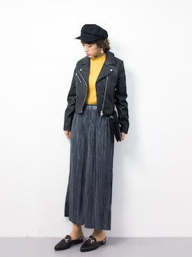 「プリーツ」｜「アイテム（ライダースジャケット）」を使った、teraさん（レディース・164cm）の春コーディネート