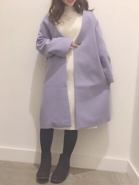 「ラベンダー」｜「アイテム（ノーカラージャケット）」を使った、ふうかさん（レディース・148cm）の冬コーディネート