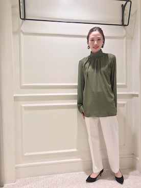 「Steven Alan（スティーブンアラン）の＜Steven Alan＞DIAMOND PATTERN HIGH NECK BLOUSE/ブラウス（シャツ/ブラウス、グリーン系）」を使った、Aya Tanigawaさん（レディース・155cm）の夏コーディネート