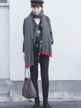 「ALLSAINTS（オールセインツ）のアイテム（ライダースジャケット）」を使った、ヤマサキ サオリさん（レディース・169cm）の冬コーディネート