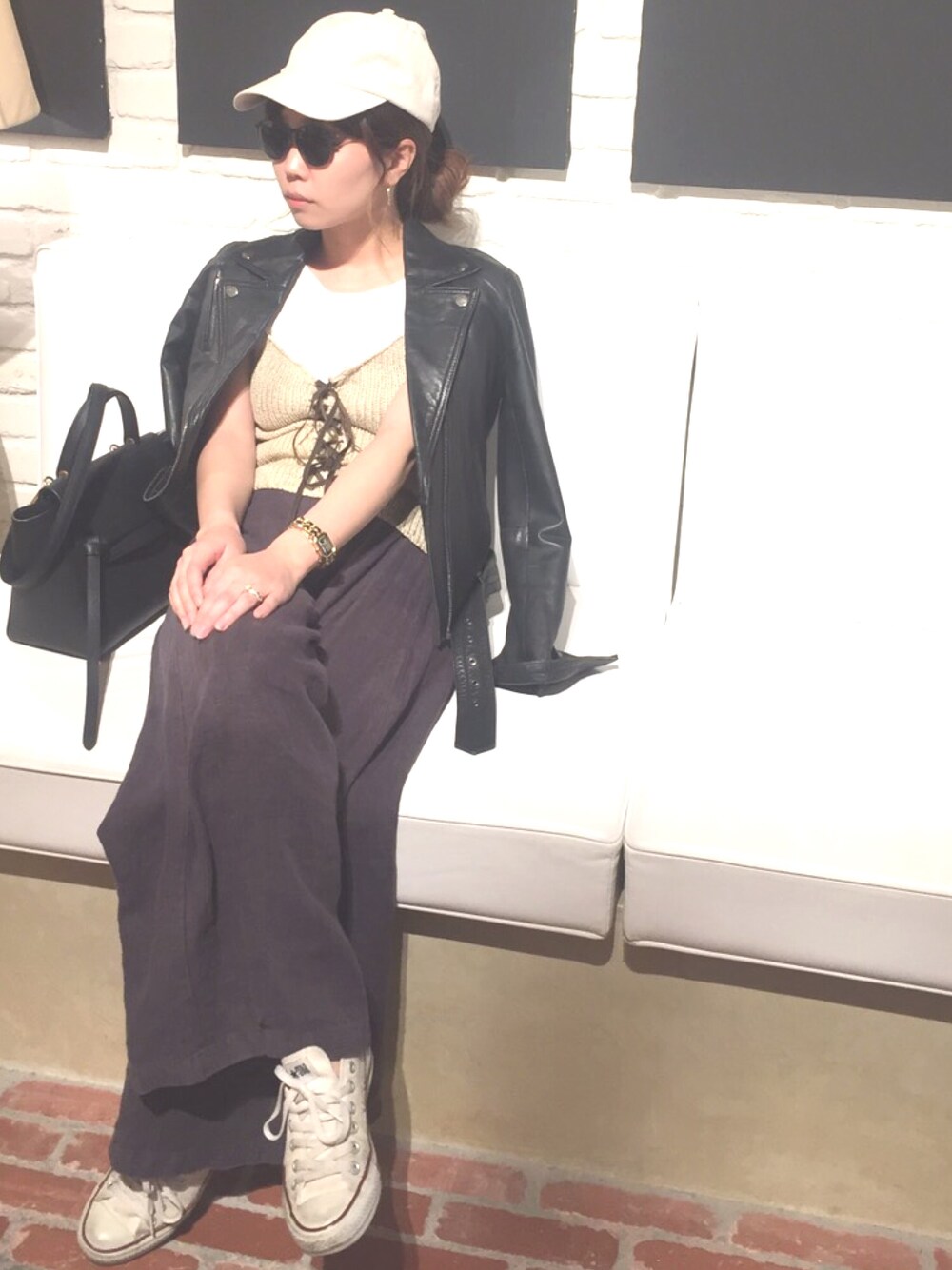 「COMME CA DU MODEのアイテム（ライダースジャケット、ブラック系）」を使った、chiho.n☺︎さん（レディース・154cm）の春コーディネートの1枚目の写真