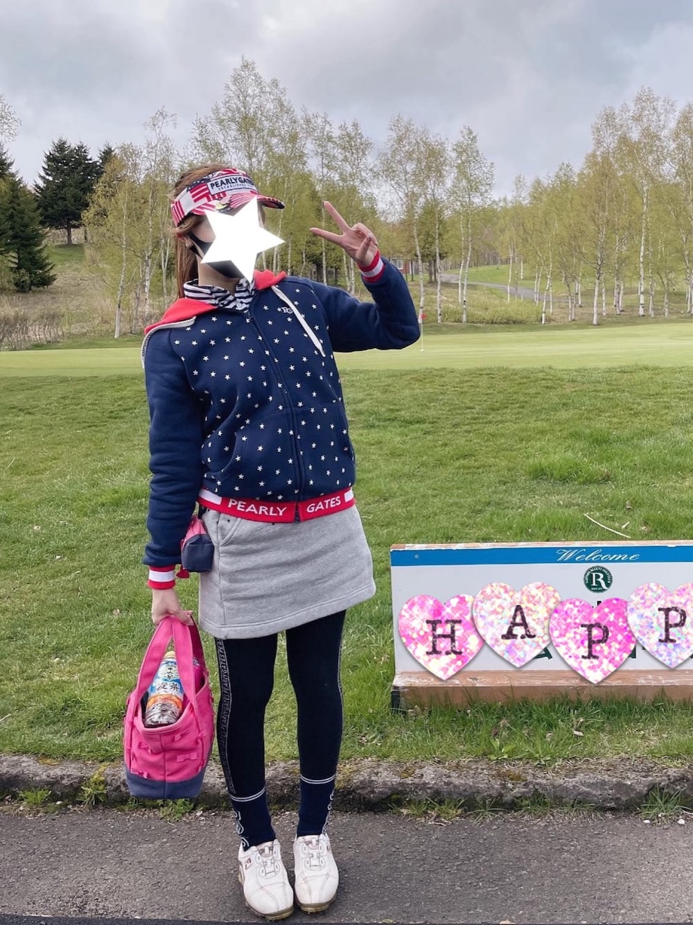 「ゴルフ、ゴルフウェア、ゴルフコーデ、ゴルフ女子、星条旗」｜「FootJoyのアイテム（スニーカー、ホワイト系）」を使った、✭♡ayaka♡✭さん（レディース・156cm）の春コーディネートの1枚目の写真