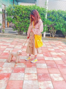「niko and...（ニコアンド）のアイテム（トートバッグ、イエロー系）」を使った、saayanさん（レディース・154cm）の春コーディネート