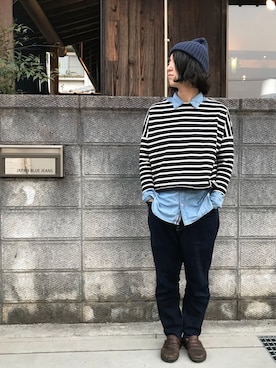「JAPAN BLUE JEANS（ジャパンブルージーンズ）のアイテム（デニムパンツ）」を使った、ぷにぷにかなぶんさん（レディース・160cm）の春コーディネート