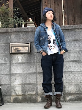 「JAPAN BLUE JEANS（ジャパンブルージーンズ）のアイテム（デニムパンツ）」を使った、ぷにぷにかなぶんさん（レディース・160cm）の春コーディネート