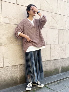 「JEANASIS（ジーナシス）のシアーシャイニープリーツスカート/876109（スカート）」を使った、AIKAさん（レディース・158cm・20代）の春コーディネート