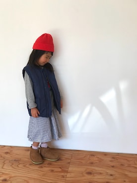 「ストライプパンツ」｜「アイテム（ダウンジャケット/コート）」を使った、fukumorihiromiさん（キッズ・100cm）の秋コーディネート