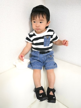 「アイテム（キャップ）」を使った、KAI☺︎KAIさん（キッズ・80cm）の春コーディネート