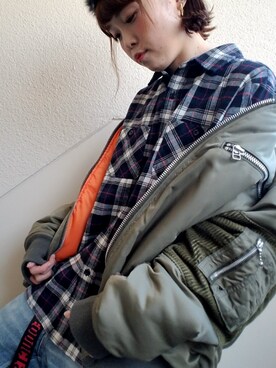 「ネルシャツ」｜「アイテム（MA-1）」を使った、あけちゃんさん（レディース・160cm）の冬コーディネート