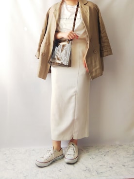 「KBF+（ケービーエフプラス）のアイテム（テーラードジャケット）」を使った、shiratama｡さん（レディース・154cm）の春コーディネート