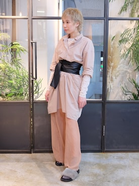 「ファー」｜「アイテム（シャツワンピース）」を使った、森山保奈美さん（レディース・154cm）の秋コーディネート