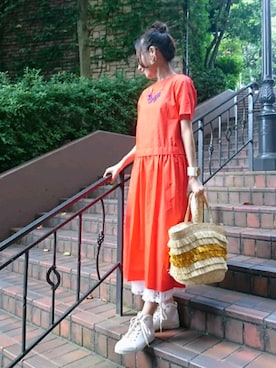「アイテム（ピアス（片耳用）、ピンク系）」を使った、きいさん（レディース・157cm）の夏コーディネート