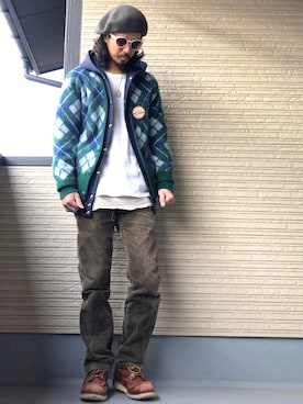 「モヘアカーディガン」｜「アイテム（ハンチング/ベレー帽）」を使った、higerinseさん（メンズ・170cm）の冬コーディネート