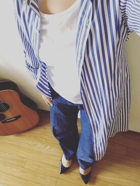 「GU（ジーユー）のアイテム（Tシャツ/カットソー、ホワイト系）」を使った、Maico Fujitaさん（レディース）の夏コーディネート