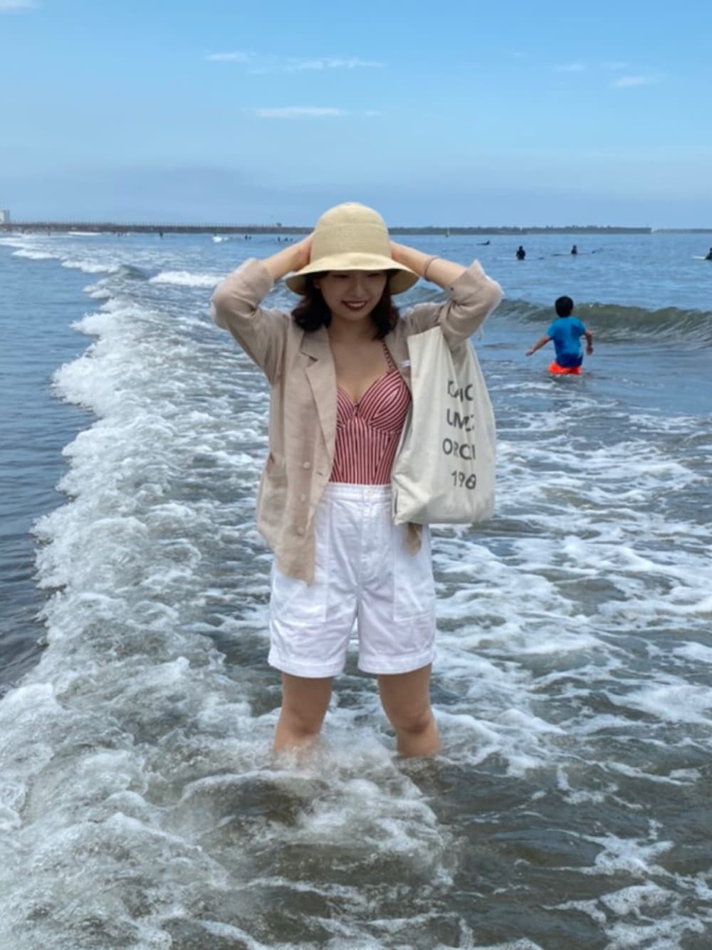 「夏コーデ、海、水着、水着コーデ、海コーデ」｜「よくインスタの広告出てくる通販のアイテム（水着、ピンク系）」を使った、たけさん（レディース・165cm）の夏コーディネートの1枚目の写真