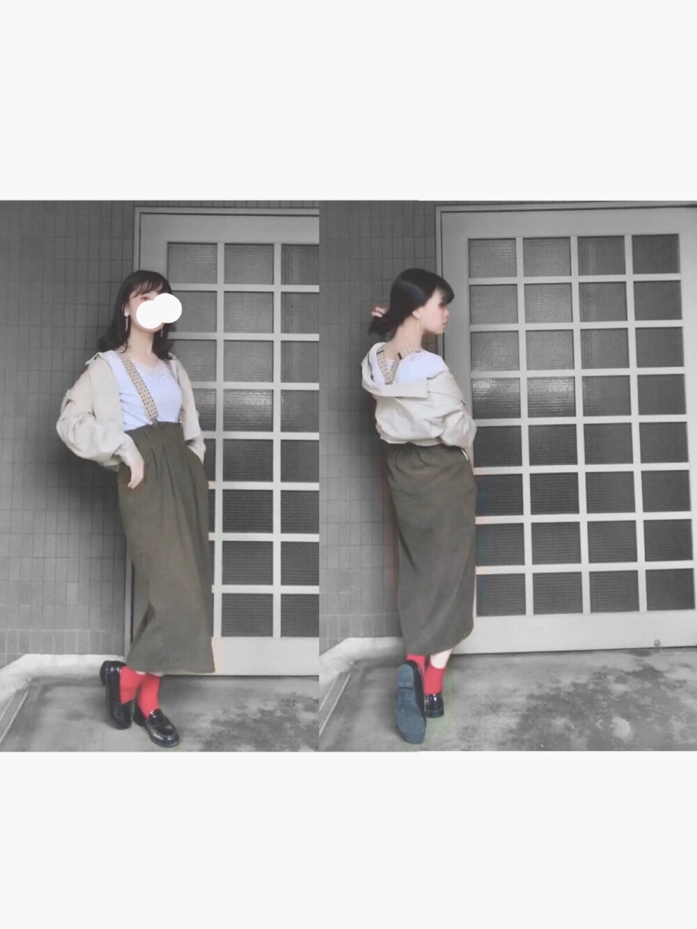 「ブルゾン、古着、白Tシャツ、夏コーデ、靴下屋、used、サスペンダー、赤、カーキ、タイトスカート」｜「全部古着のアイテム（スカート、ホワイト系）」を使った、かーにさん（レディース・165cm）の春コーディネートの1枚目の写真