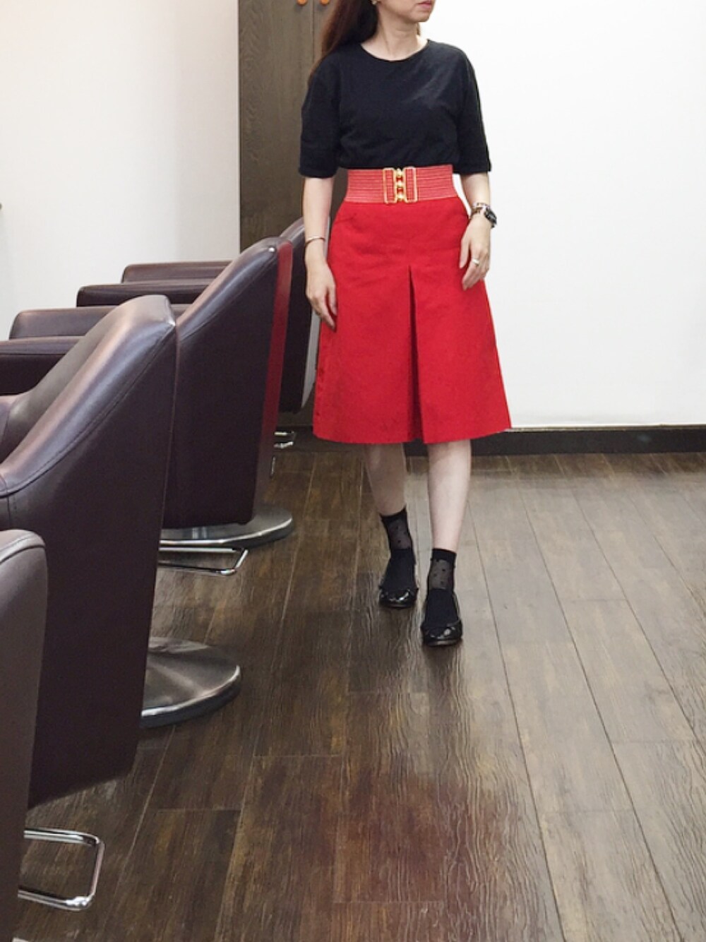 「仕事コーデ、シンプルコーデ、プチプラコーデ、着回しコーデ、ヴィンテージ、UNIQLO、ディーホリック、ROCK’N’ROLL」｜「ROCK’N’ROLL ...♪*ﾟのアイテム（ベルト、レッド系）」を使った、⍟⑅yasuko⋆*･✠さん（レディース・149cm）の夏コーディネートの1枚目の写真