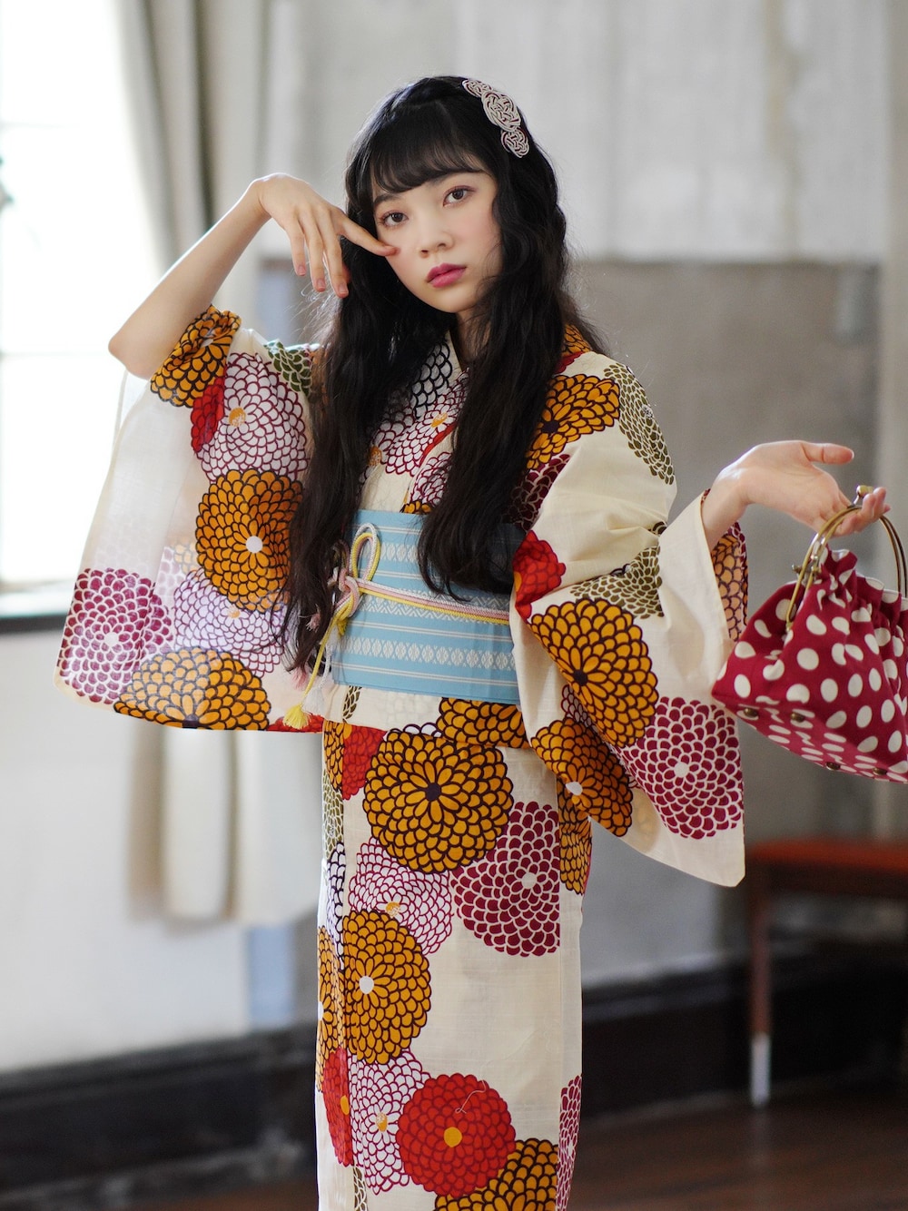 Kao⭐︎utatamne 浴衣3点セット　赤とミントのぽんぽん菊 utatane｜ニコアンティーク セパレート 二部式浴衣3点セット 赤
