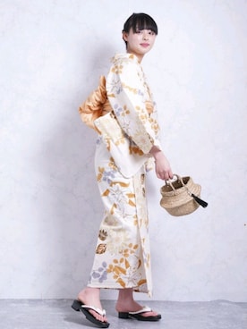 「イエロー」｜「アイテム（浴衣）」を使った、utataneスタッフさん（レディース・160cm）の夏コーディネート