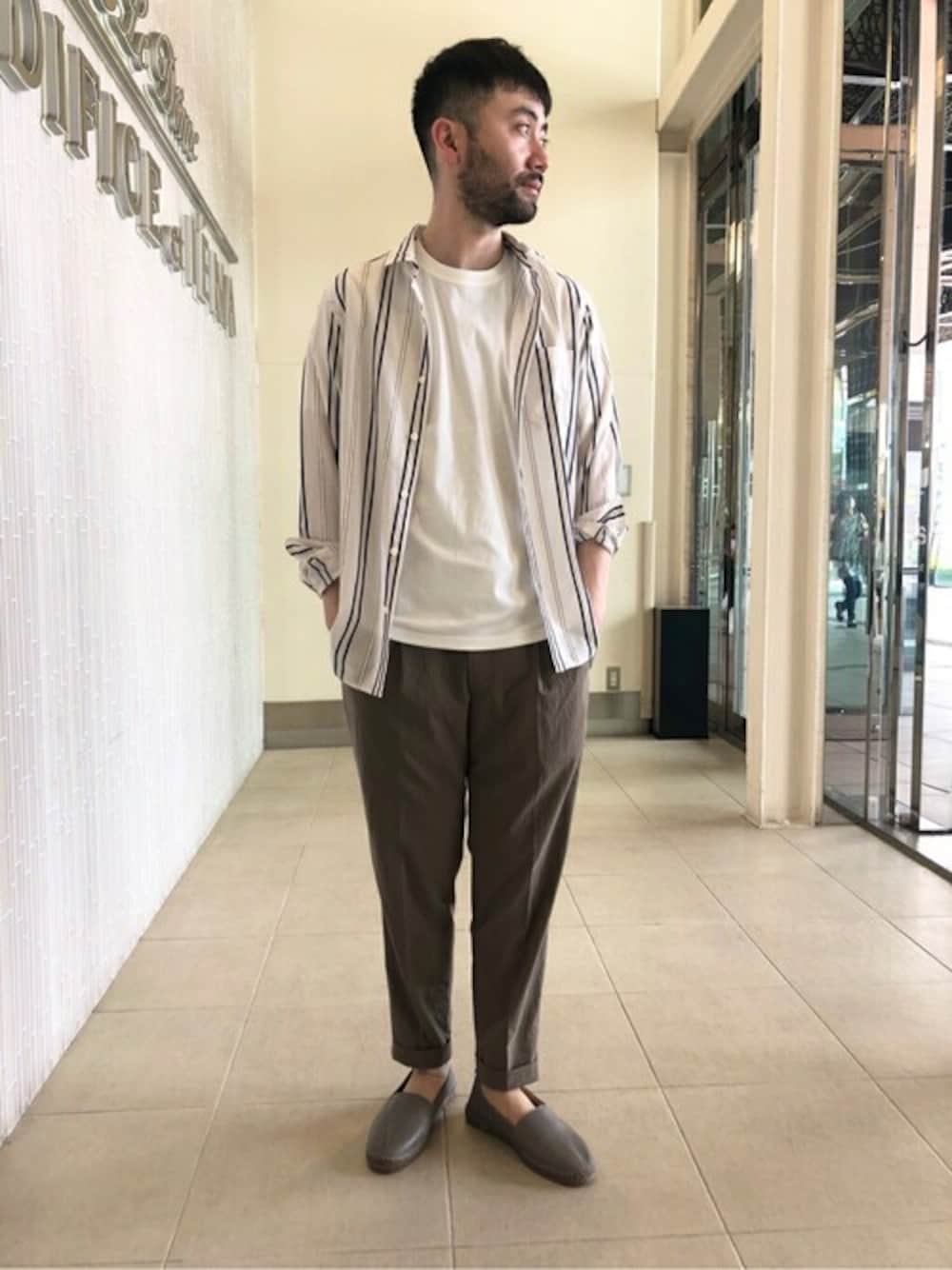 ホワイト系のシャツ/ブラウス、ブラウン系のその他パンツ、ホワイト系のTシャツ/カットソーを着用したメンズの夏コーディネートの1枚目の写真