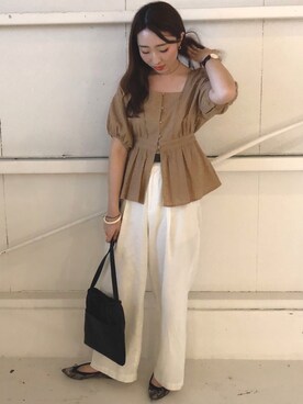 「UNIQLO（ユニクロ）のベルテッドリネンコットンワイドストレートパンツ(丈標準66～68cm）（その他パンツ）」を使った、kanaさん（レディース・160cm）の夏コーディネート