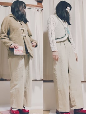 「赤い靴」｜「アイテム（ダッフルコート）」を使った、naさん（レディース・163cm）の秋コーディネート