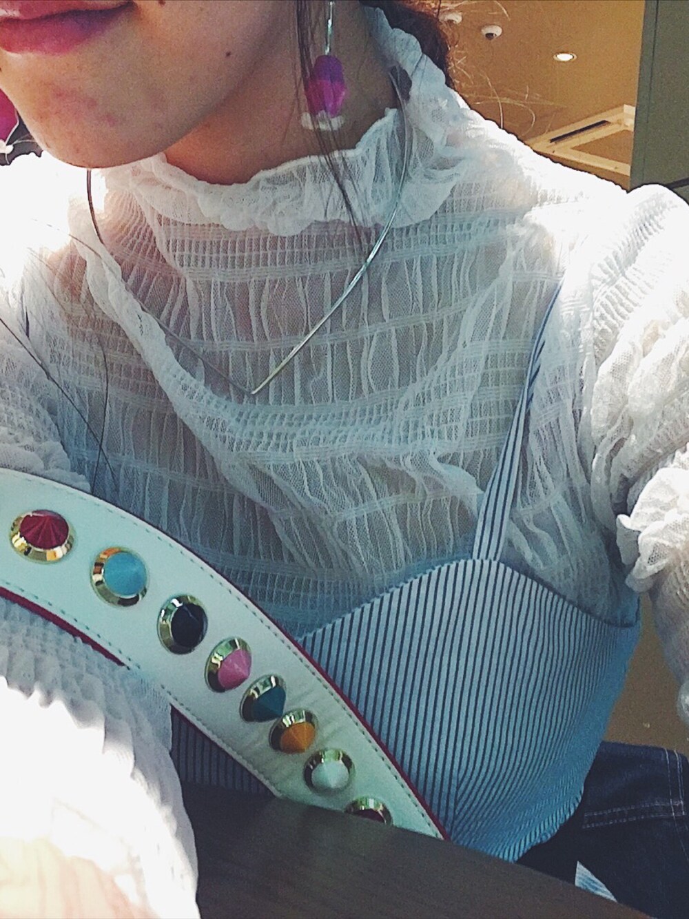 「春コーデ、dholic、シースルー、ビスチェ」｜「DHOLICのアイテム（トップス、ホワイト系）」を使った、こはる。さん（レディース・155cm）の春コーディネートの1枚目の写真