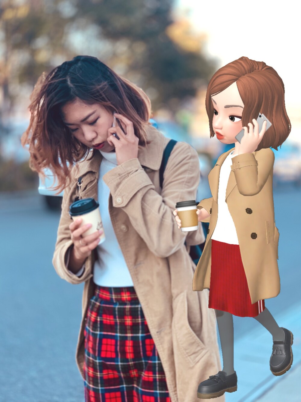 「Zepeto、トレンチコート、wcloset、赤スカート、おしゃれさんと繋がりたい」｜「w closetのアイテム（トレンチコート、ベージュ系）」を使った、Ayacurl :)さん（レディース・155cm）の冬コーディネートの1枚目の写真
