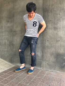 「EDIFICE（エディフィス）のアイテム（その他シューズ）」を使った、ひーろーさん（メンズ・165cm）の夏コーディネート