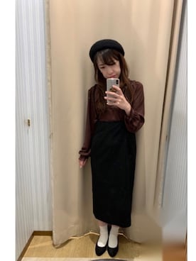 「earth music&ecology（アースミュージックアンドエコロジー）の2WAYナロースカート ＊（スカート）」を使った、yuuuboooさん（レディース・158cm）の秋コーディネート