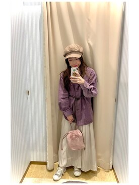 「earth music&ecology（アースミュージックアンドエコロジー）のシャイニーサテンギャザースカート ＊（スカート）」を使った、yuuuboooさん（レディース・158cm）の冬コーディネート