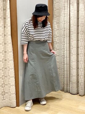 「earth music&ecology（アースミュージックアンドエコロジー）のアイテム（ハット、ブラック系）」を使った、yuuuboooさん（レディース・158cm）の春コーディネート