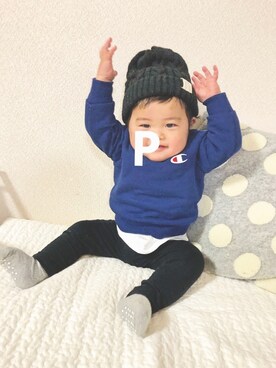 「9ヶ月」｜「アイテム（ニットキャップ/ビーニー）」を使った、おと♪さん（キッズ・100cm）の冬コーディネート