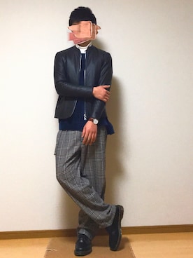 「グレンチェック」｜「アイテム（ライダースジャケット）」を使った、るーさん（メンズ・175cm）の秋コーディネート