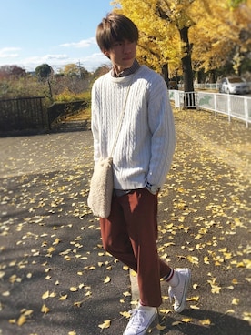 「MONO-MART（モノマート）のオーバーサイズアラン編みクルーネックケーブルニットセーター（ニット/セーター）」を使った、つぐ吉さん（メンズ・172cm）の冬コーディネート