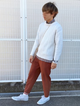 「MONO-MART（モノマート）のオーバーサイズアラン編みクルーネックケーブルニットセーター（ニット/セーター）」を使った、つぐ吉さん（メンズ・172cm）の冬コーディネート