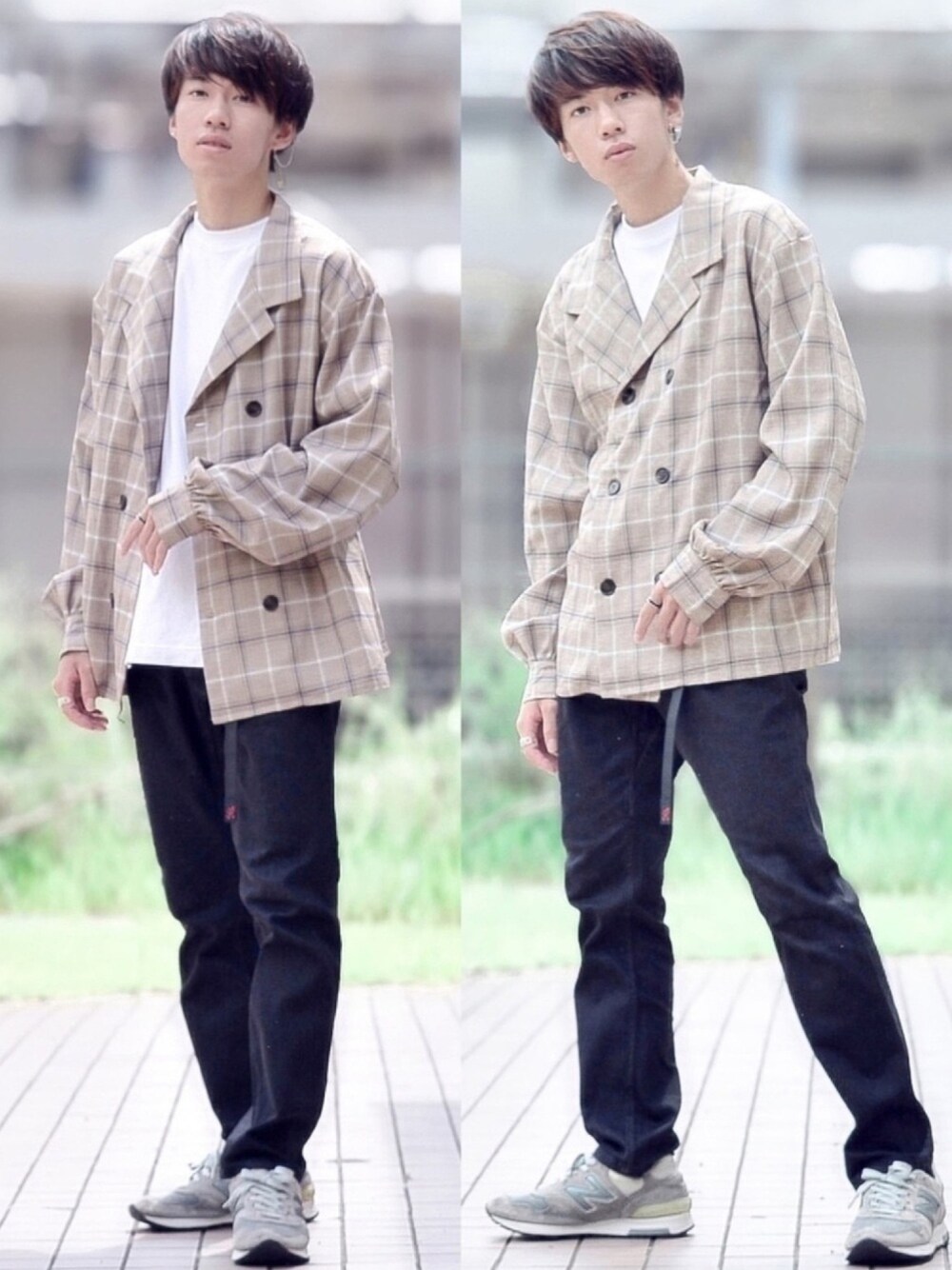 ホワイト系のTシャツ/カットソー、ブラック系のその他パンツ、グレー系のスニーカーを着用したメンズの夏コーディネートの1枚目の写真