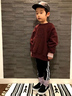 「apres les cours（アプレレクール）のアイテム（キャップ）」を使った、tiinさん（キッズ・100cm）の冬コーディネート