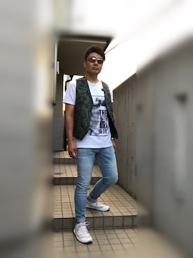 「MARITHE + FRANCOIS GIRBAUD（マリテフランソワジルボー）のアイテム（Tシャツ/カットソー）」を使った、Tore@minさん（メンズ・174cm）の夏コーディネート
