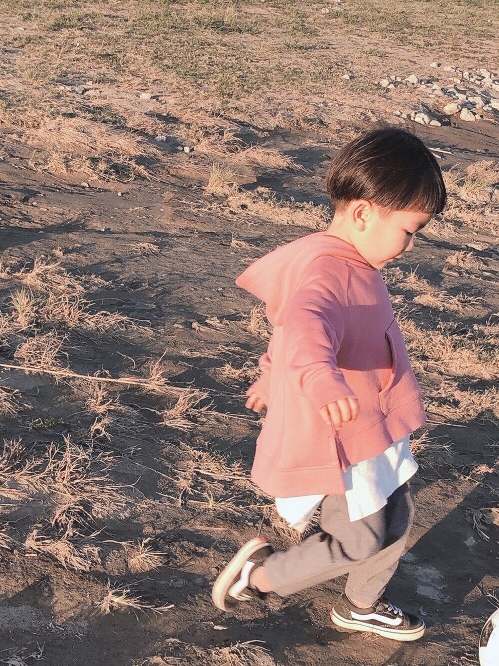 「キッズコーデ、男の子、シンプルコーデ、シンプル、パーカー、ピンク、LOWRYS FARM、おとこのこ」｜「LOWRYS FARMのキモウウラケフーディ　860157（スウェット、ピンク系）」を使った、Kantaさん（キッズ・90cm）の秋コーディネートの1枚目の写真