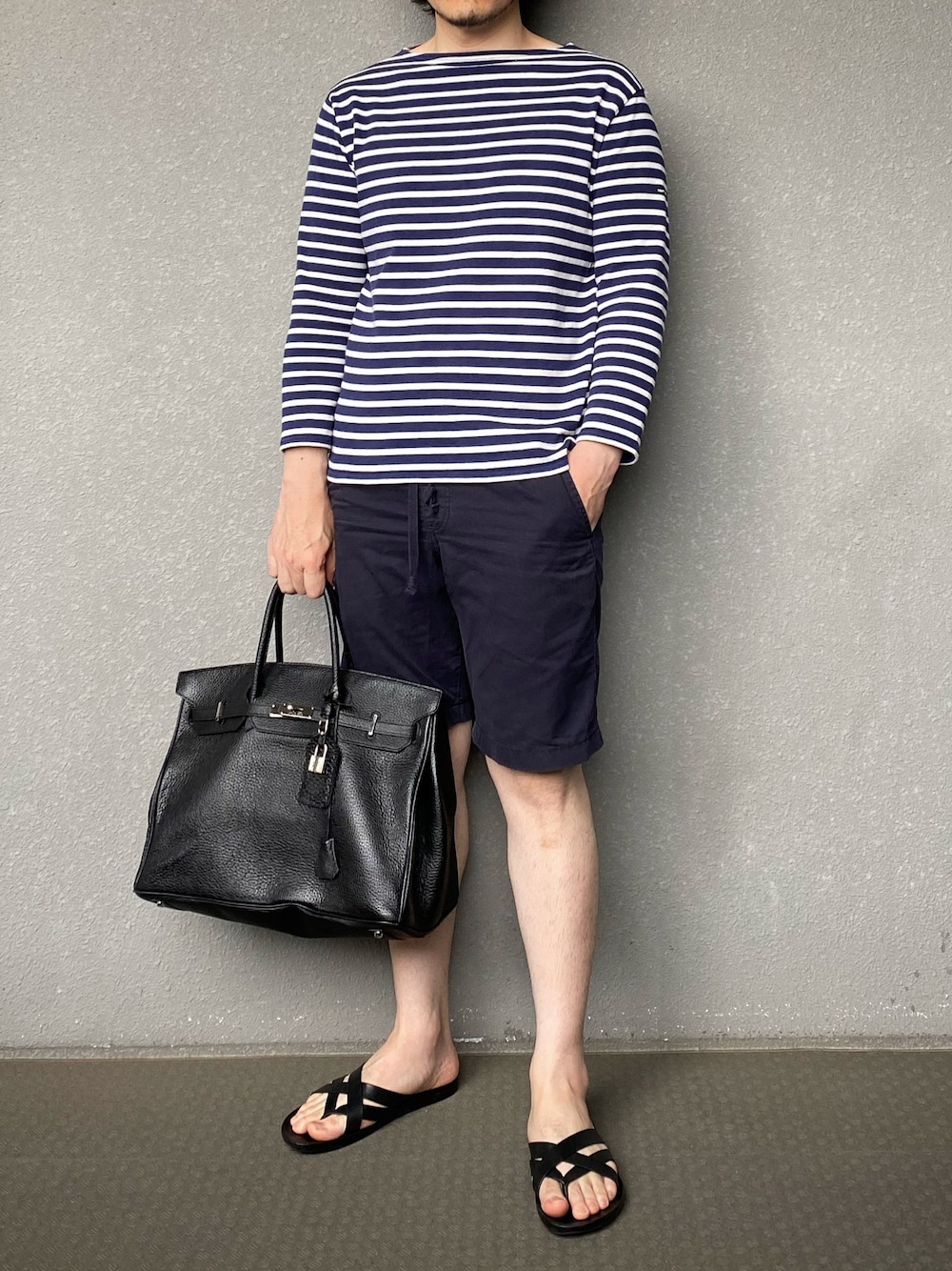 「きれいめカジュアル、SAINTJAMES、ボーダー、夏コーデ、サマースタイル、サマーコーデ、ボーダーロンT、バーキン、エルメス、フレンチカジュアル」｜「SAINT JAMESのSAINT JAMES / セントジェームス OUESSANT ボーダーカットソー（Tシャツ/カットソー、ブルー系）」を使った、bdyoshiさん（メンズ・167cm）の夏コーディネートの1枚目の写真