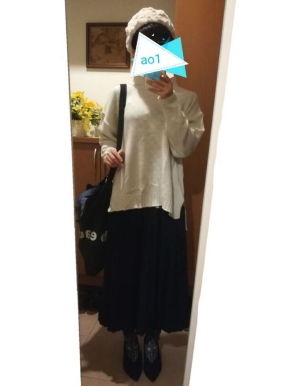 「SUNAOKUWAHARAのsprings dot long t-shirt（Tシャツ/カットソー、ブラック系）」を使った、ao1さん（レディース・153cm）の秋コーディネートの1枚目の写真