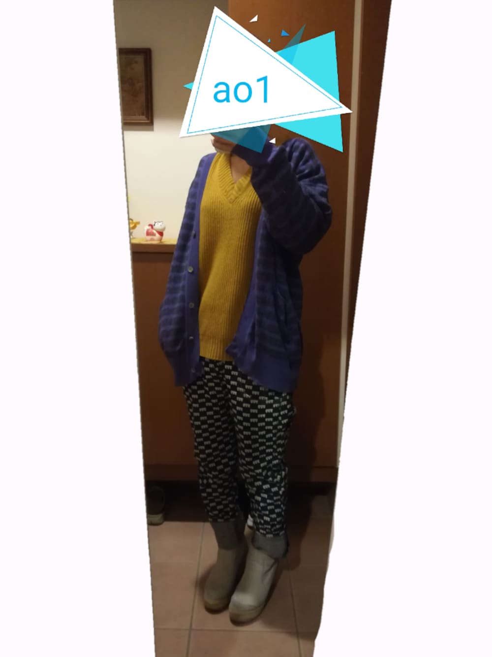 「GUのアイテム（ニット/セーター、イエロー系）」を使った、ao1さん（レディース・153cm）の冬コーディネートの1枚目の写真