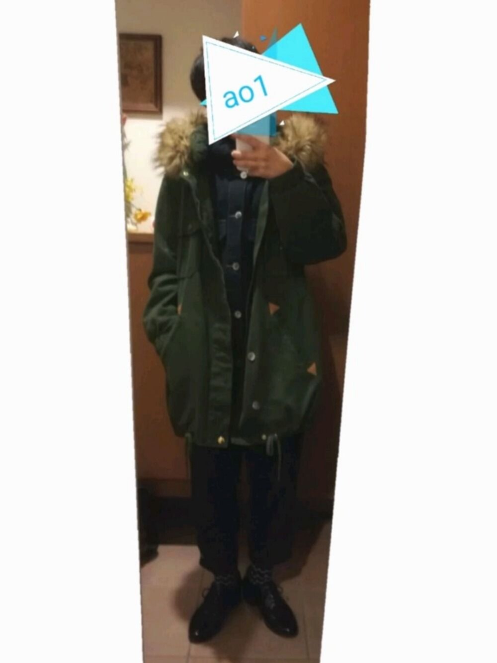 「セットアップ、緑×緑、ハイネック」｜「mercibeaucoup,のメルシーボークー、/ Ｂ：ニューメルミリ / ブルゾン（ジャケット/アウター、グリーン系）」を使った、ao1さん（レディース・153cm）の冬コーディネートの1枚目の写真